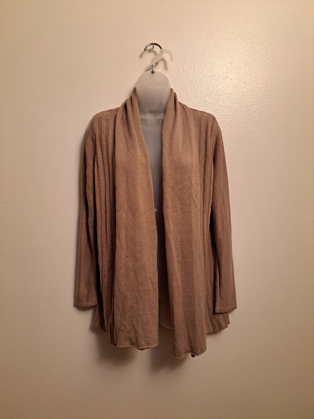 Notations Open-Front Ribbed Draped Cardigan Sweater With Shawl Collar - Taupe - Picture 1 of 7